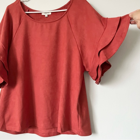Umgee Suede-like Ruffle Sleeve Rust Wide Cropped Blouse Large - Picture 3 of 7